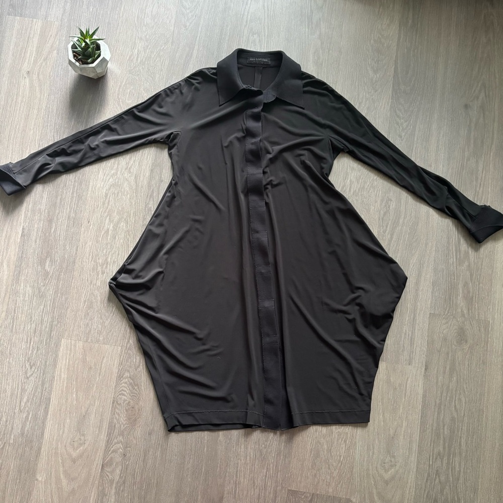 Maison Marie Saint Pierre Black Collared Shirt Dress with Drape Pocket Detail